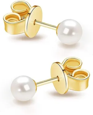 JORA 14K Gold AAA  Handpicked Round Freshwater Cultured White Pearl Stud Earrings for Women Girls