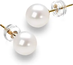 JORA 14K Gold Round White Freshwater Cultured Pearl Stud Earrings for Women - AAAA Quality