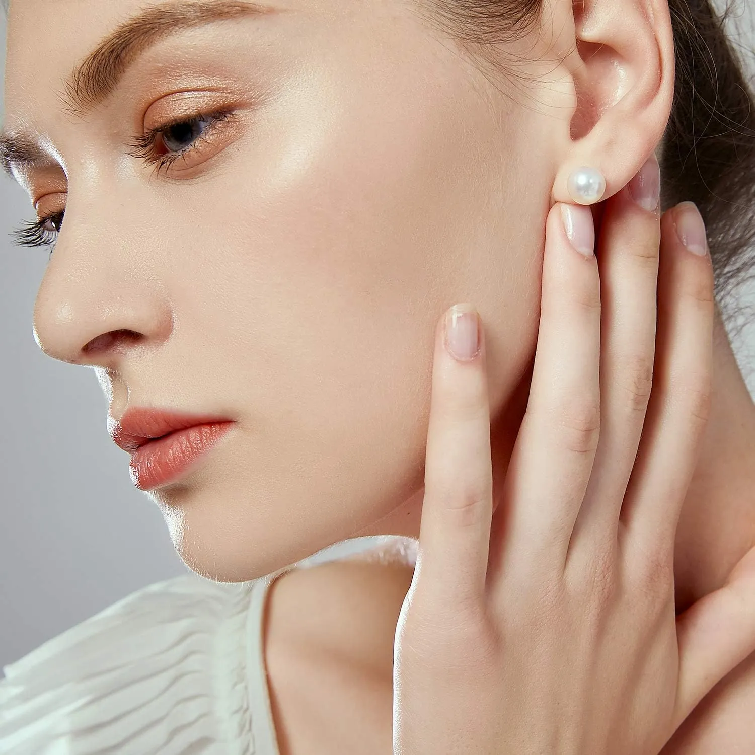 JORA 14K Gold Round White Freshwater Cultured Pearl Stud Earrings for Women - AAAA Quality