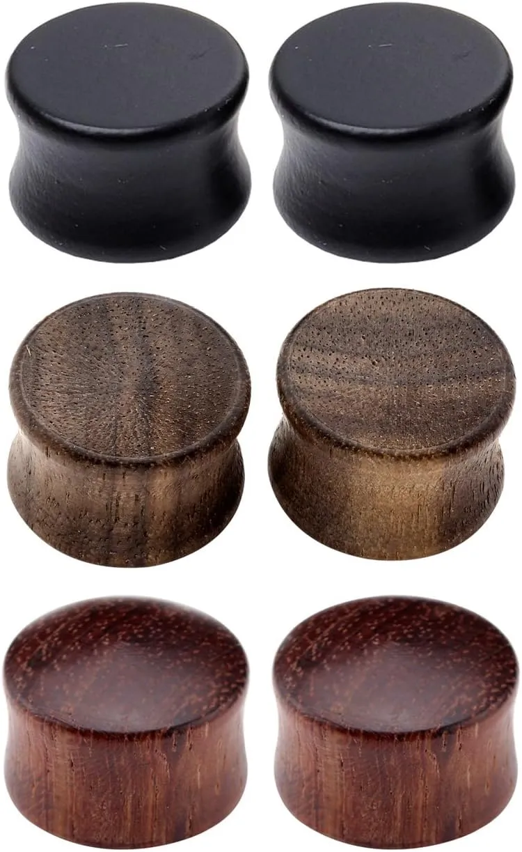 Jovivi 6pcs Organic Wood Brown Black Double Flared Ear Saddle Plugs Stretcher Punk Piercing Gauge 10mm - 20mm