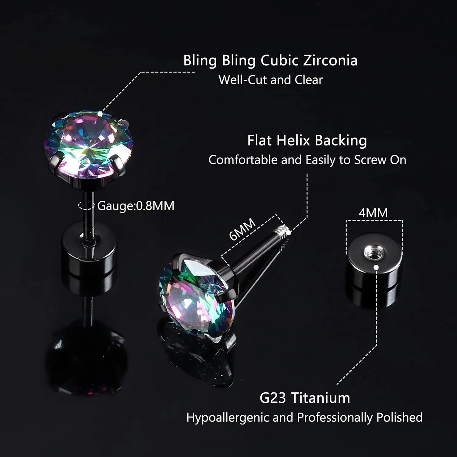 Jstyle Screw Back Stud Earrings Set 20G Titanium Steel Cartilage Piercing Jewelry for Women Men Sensitive Ears CZ Tragus Helix Flat Back Earrings Stud