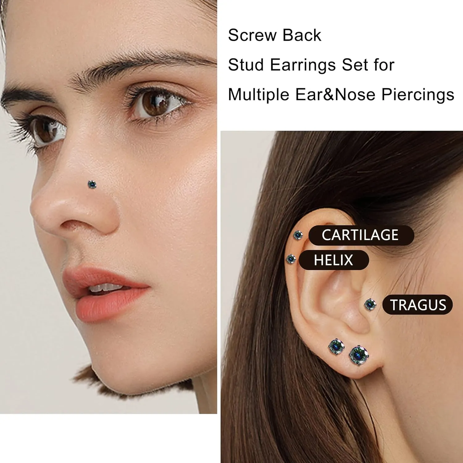 Jstyle Screw Back Stud Earrings Set 20G Titanium Steel Cartilage Piercing Jewelry for Women Men Sensitive Ears CZ Tragus Helix Flat Back Earrings Stud