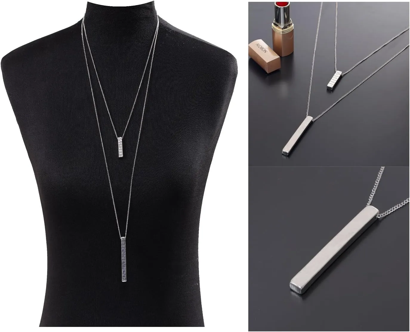 JYJ Women's Layered Long Necklaces for Women Double Layers Choker Necklace Hammered Bar Pendant Necklace for Summer