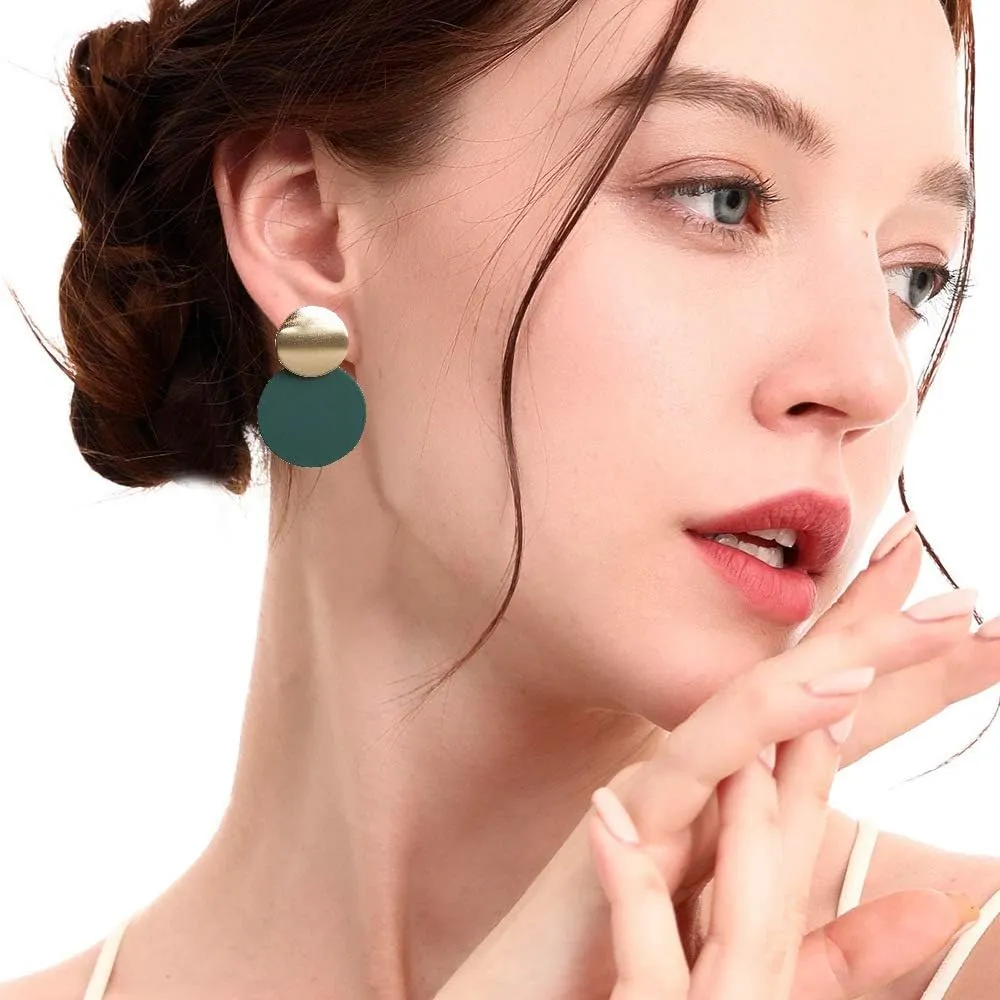 KaFu Round Curved Dangle Earrings Geometric Double Disc Gold Fashion Matte Paint Discs Drop Statement Earrings for Women and Girls Jewelry