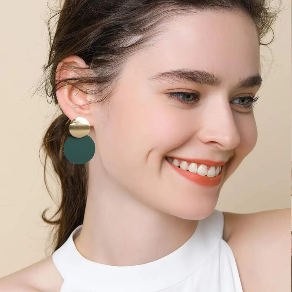 KaFu Round Curved Dangle Earrings Geometric Double Disc Gold Fashion Matte Paint Discs Drop Statement Earrings for Women and Girls Jewelry