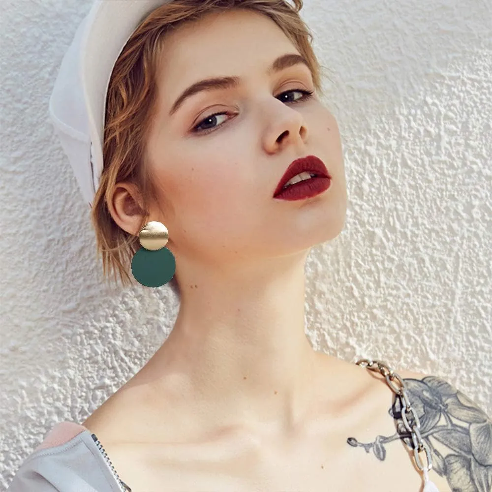 KaFu Round Curved Dangle Earrings Geometric Double Disc Gold Fashion Matte Paint Discs Drop Statement Earrings for Women and Girls Jewelry