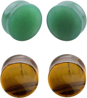 Kokoma 2Pairs Tiger Eyes & Green Jade Ear Plugs Natural Stone Gauges Tunnel Expanders Double Flared Body Piercings