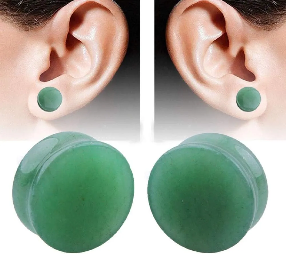 Kokoma 2Pairs Tiger Eyes & Green Jade Ear Plugs Natural Stone Gauges Tunnel Expanders Double Flared Body Piercings