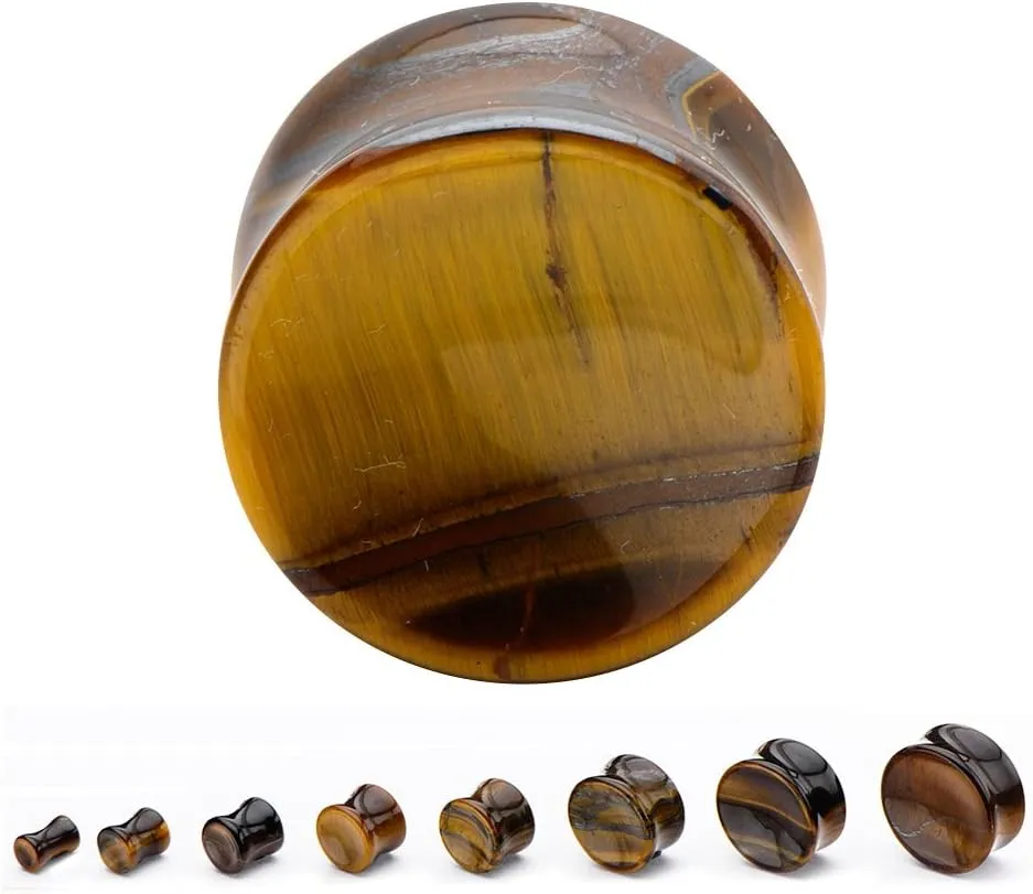 Kokoma 2Pairs Tiger Eyes & Green Jade Ear Plugs Natural Stone Gauges Tunnel Expanders Double Flared Body Piercings