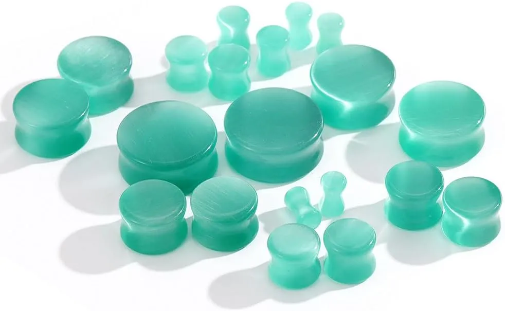 Kokoma Green Cats Eye Organic Stone Ear Plugs for Women Men Natural Organic Stone Gauges Tunnel Expanders Stretcher Double Flared Piercings Body Jewelry