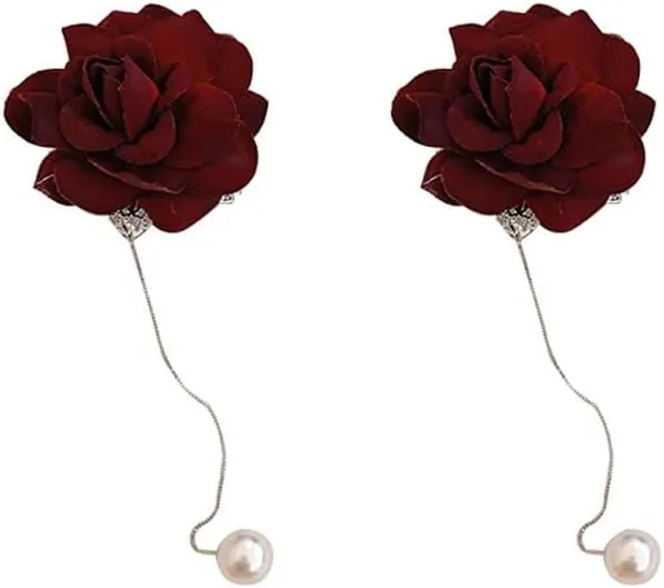 Kokoma Red Rose Flower Threader Tassel Dangle Earrings for Women Pearl Big Blooming Floral Statement Earrings Long Chain Elegant Jewelry Gifts for Valentines Day