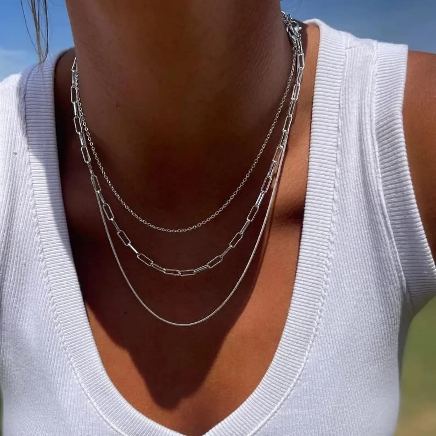 Kyerlyn Layered Necklace for Women, 14k Gold Plated Layering Herringbone Necklace Double Layer Snake Chain Necklace Set Gold Chunky Thick Chain Choker Necklace Gifts for Women