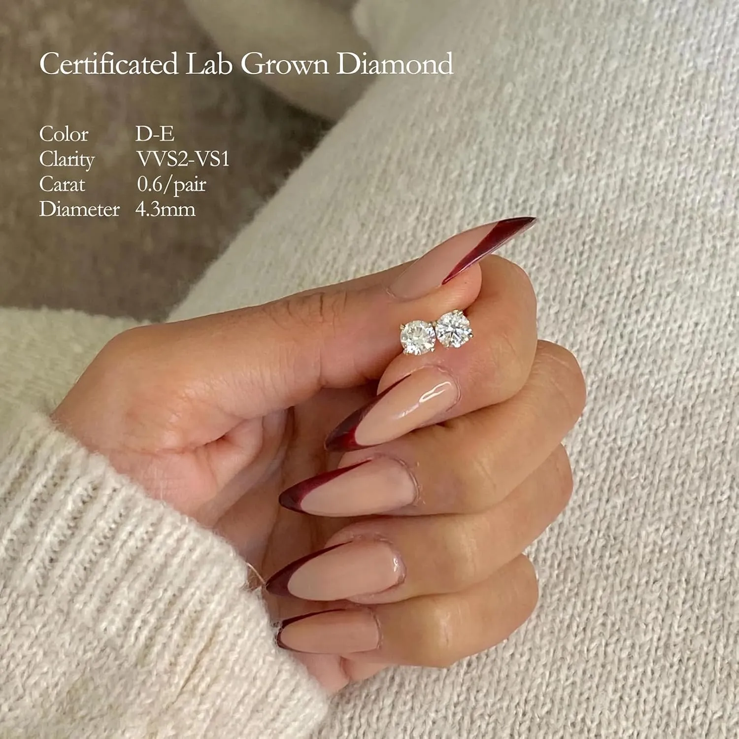 Lab Grown Diamond Earrings with Certificate for Women Men, 0.6 Carat Round Cut D-E Color VVS2-VS1 Clarity, Real 9k Gold (Not Only Post Part) Stud Earrings for Wedding Bridal