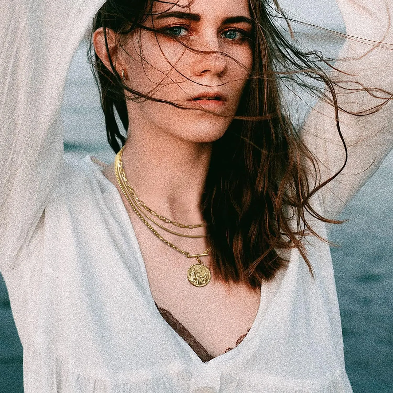 LANE WOODS Gold Layered Necklaces for Women Girls Dainty Layering Coin Lock Eye Snake Pendant Jewelry Gifts