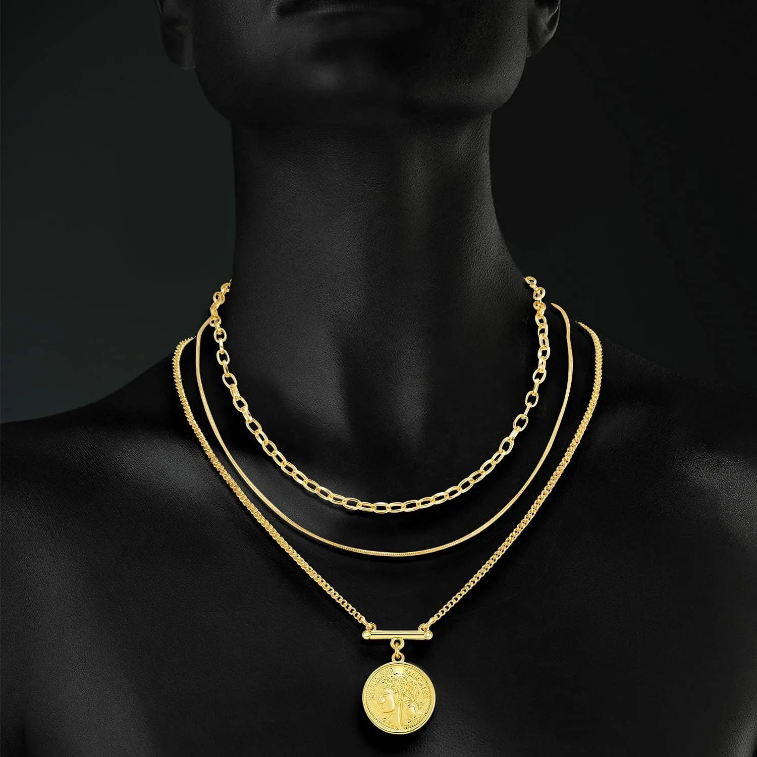 LANE WOODS Gold Layered Necklaces for Women Girls Dainty Layering Coin Lock Eye Snake Pendant Jewelry Gifts