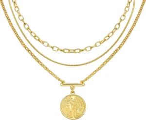 LANE WOODS Gold Layered Necklaces for Women Girls Dainty Layering Coin Lock Eye Snake Pendant Jewelry Gifts