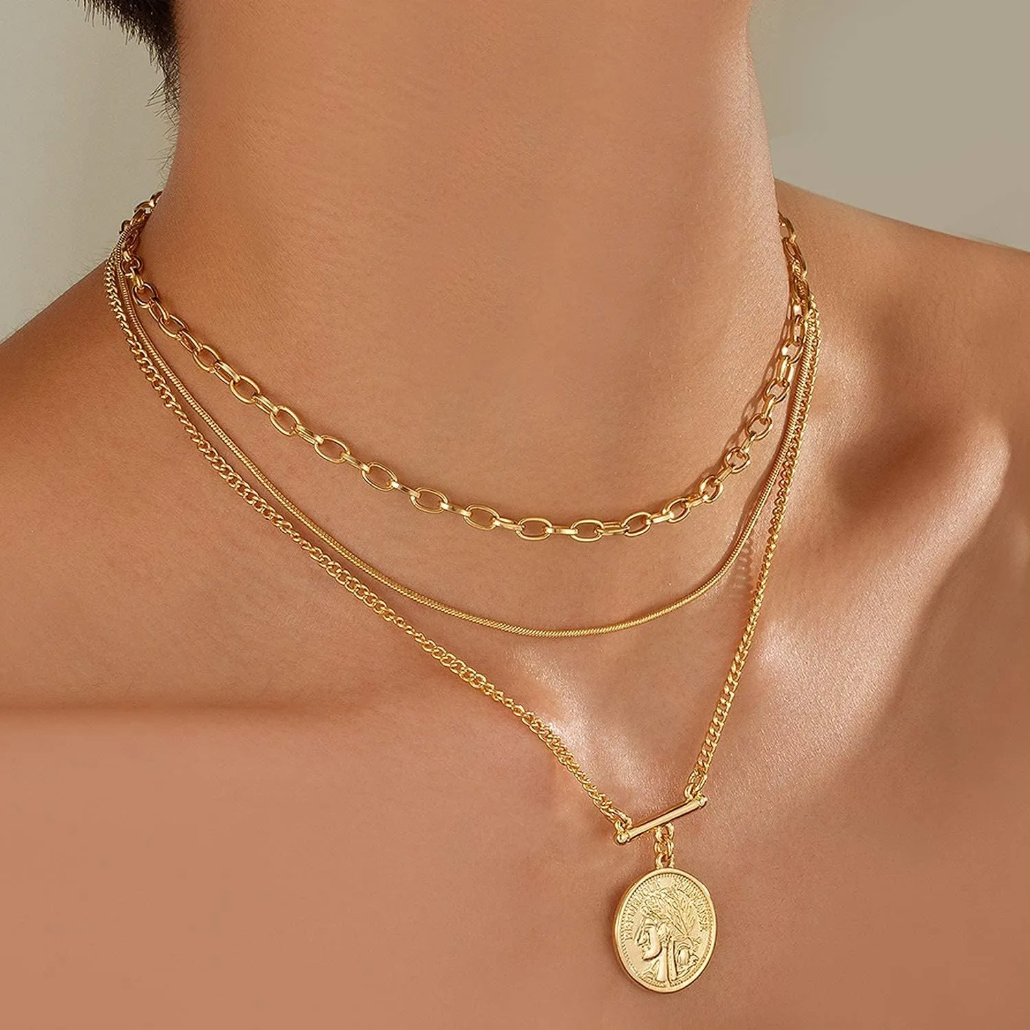 LANE WOODS Gold Layered Necklaces for Women Girls Dainty Layering Coin Lock Eye Snake Pendant Jewelry Gifts
