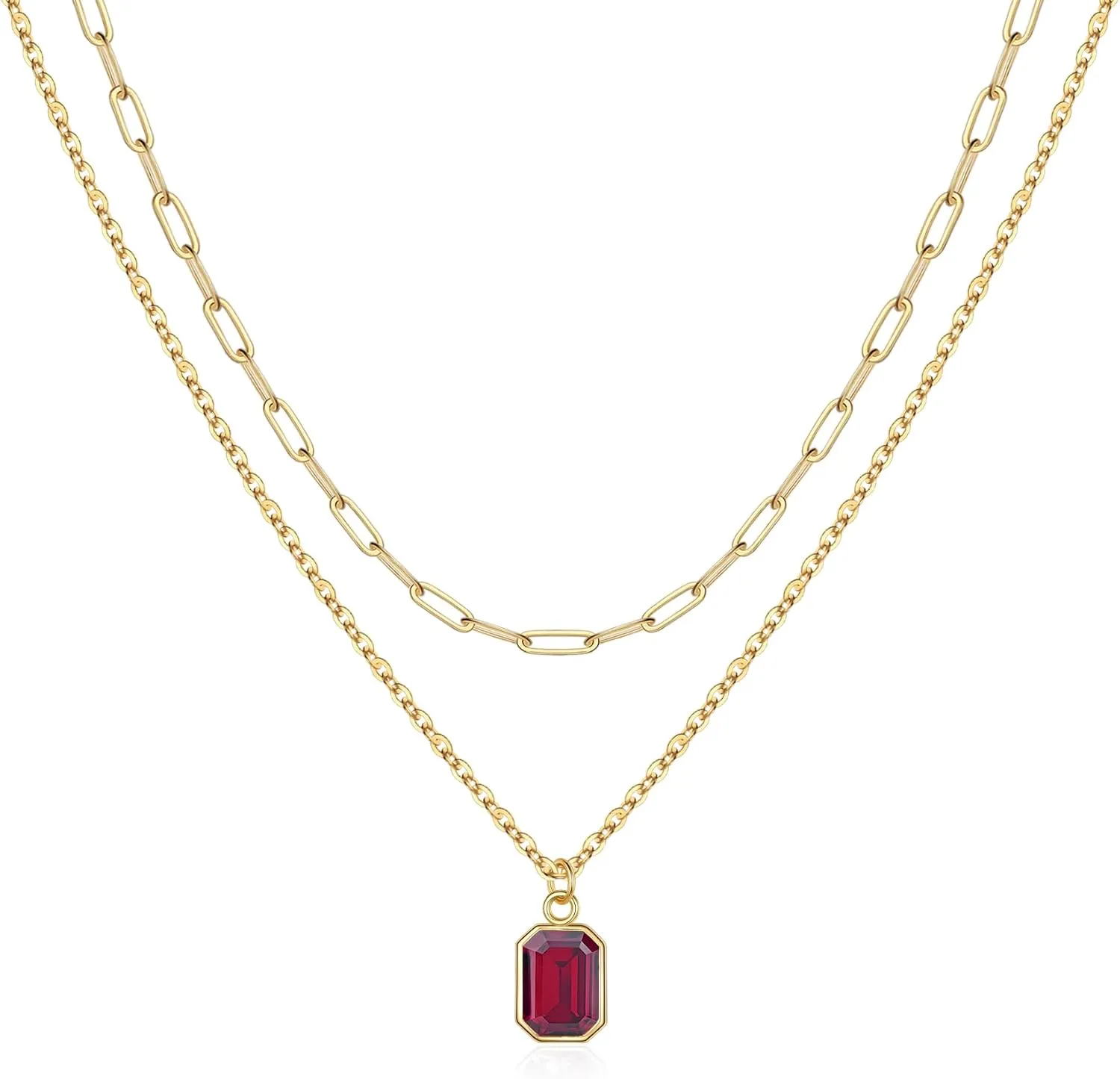 Layered Birthstone Necklace for Women Girls, Gold Silver Rose Gold Plated Layered Paperclip Chain Choker Necklace with Rectangle Birthstone Pendant Birthday Gifts for Women Girls Jewelry
