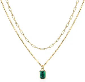 Layered Birthstone Necklace for Women Girls, Gold Silver Rose Gold Plated Layered Paperclip Chain Choker Necklace with Rectangle Birthstone Pendant Birthday Gifts for Women Girls Jewelry