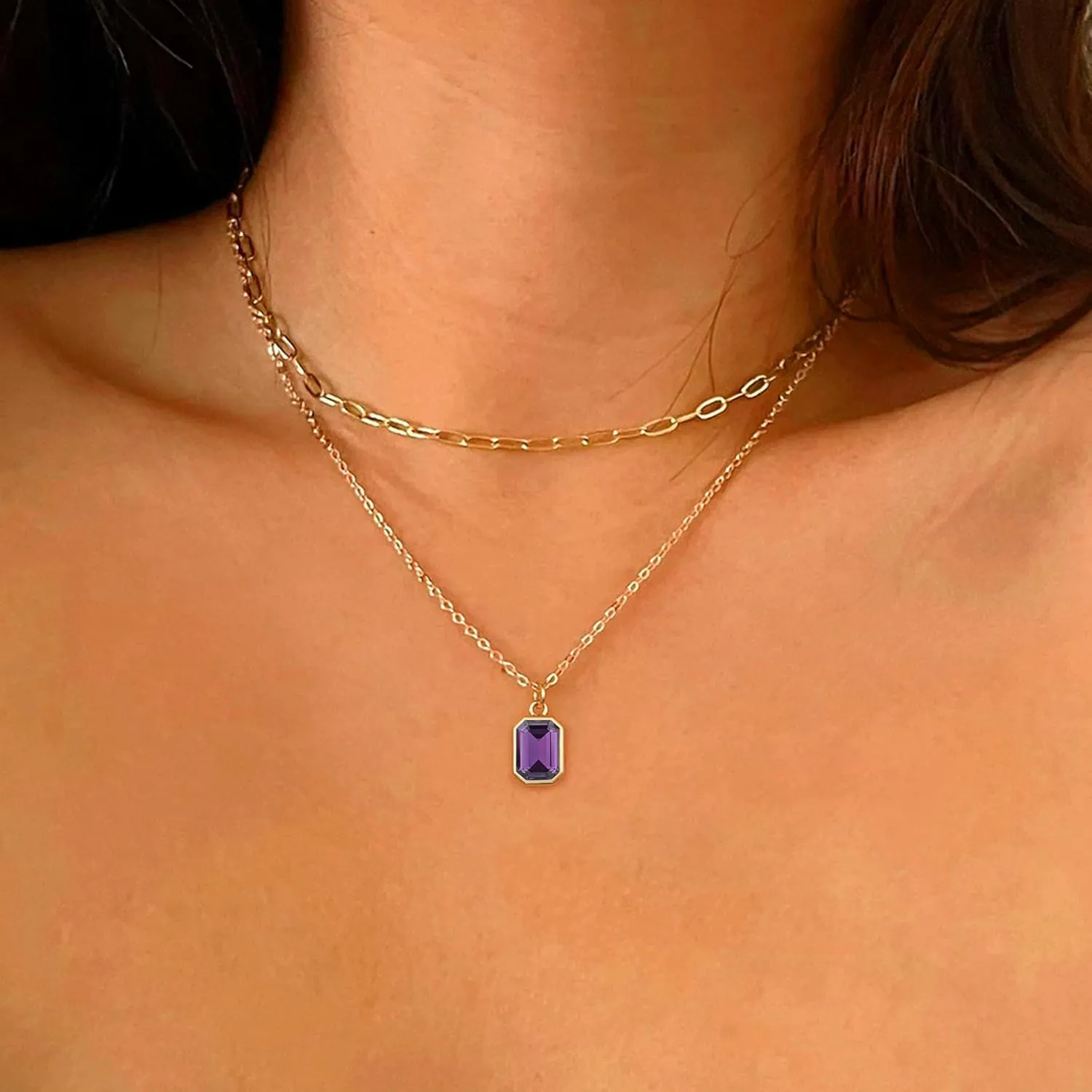 Layered Birthstone Necklace for Women Girls, Gold Silver Rose Gold Plated Layered Paperclip Chain Choker Necklace with Rectangle Birthstone Pendant Birthday Gifts for Women Girls Jewelry