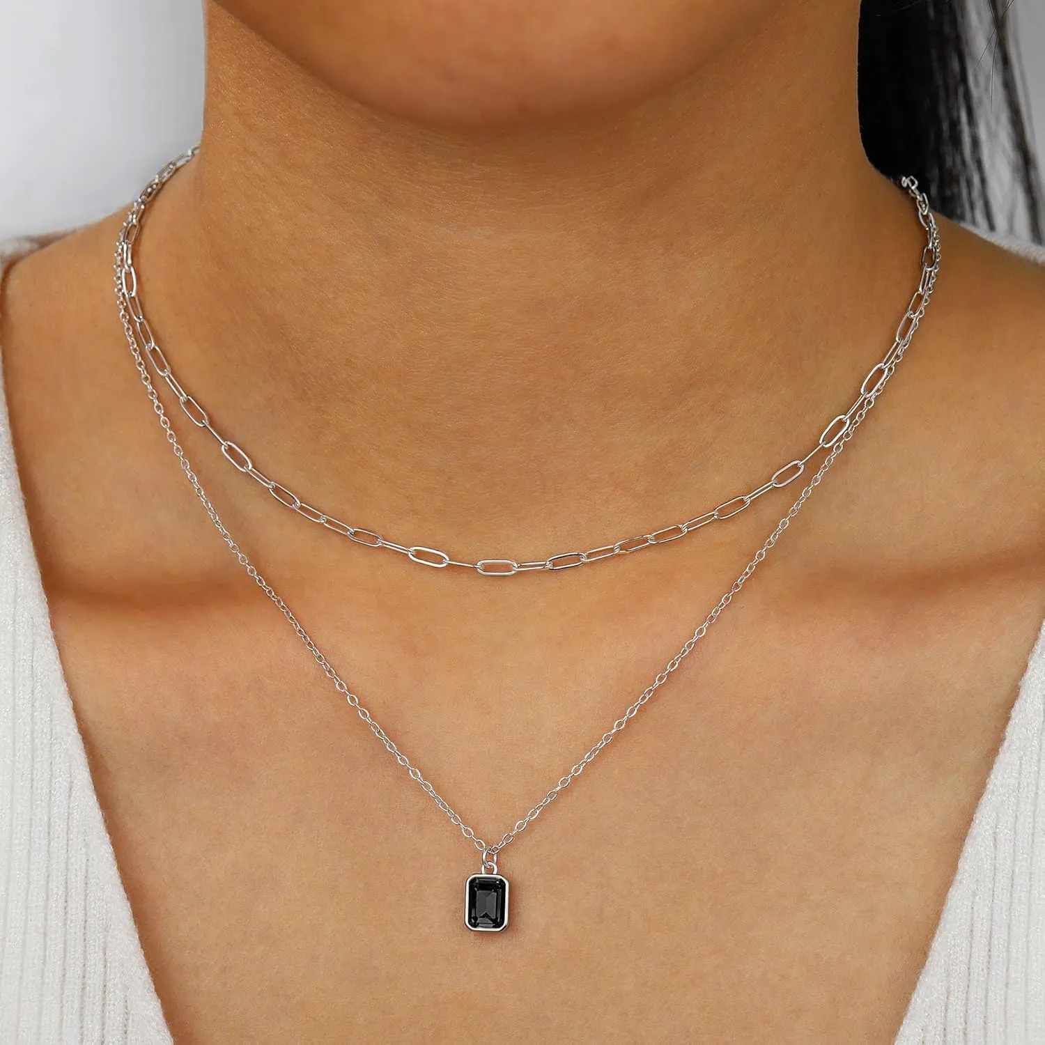 Layered Birthstone Necklace for Women Girls, Gold Silver Rose Gold Plated Layered Paperclip Chain Choker Necklace with Rectangle Birthstone Pendant Birthday Gifts for Women Girls Jewelry