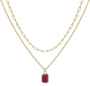 Layered Birthstone Necklace for Women Girls, Gold Silver Rose Gold Plated Layered Paperclip Chain Choker Necklace with Rectangle Birthstone Pendant Birthday Gifts for Women Girls Jewelry