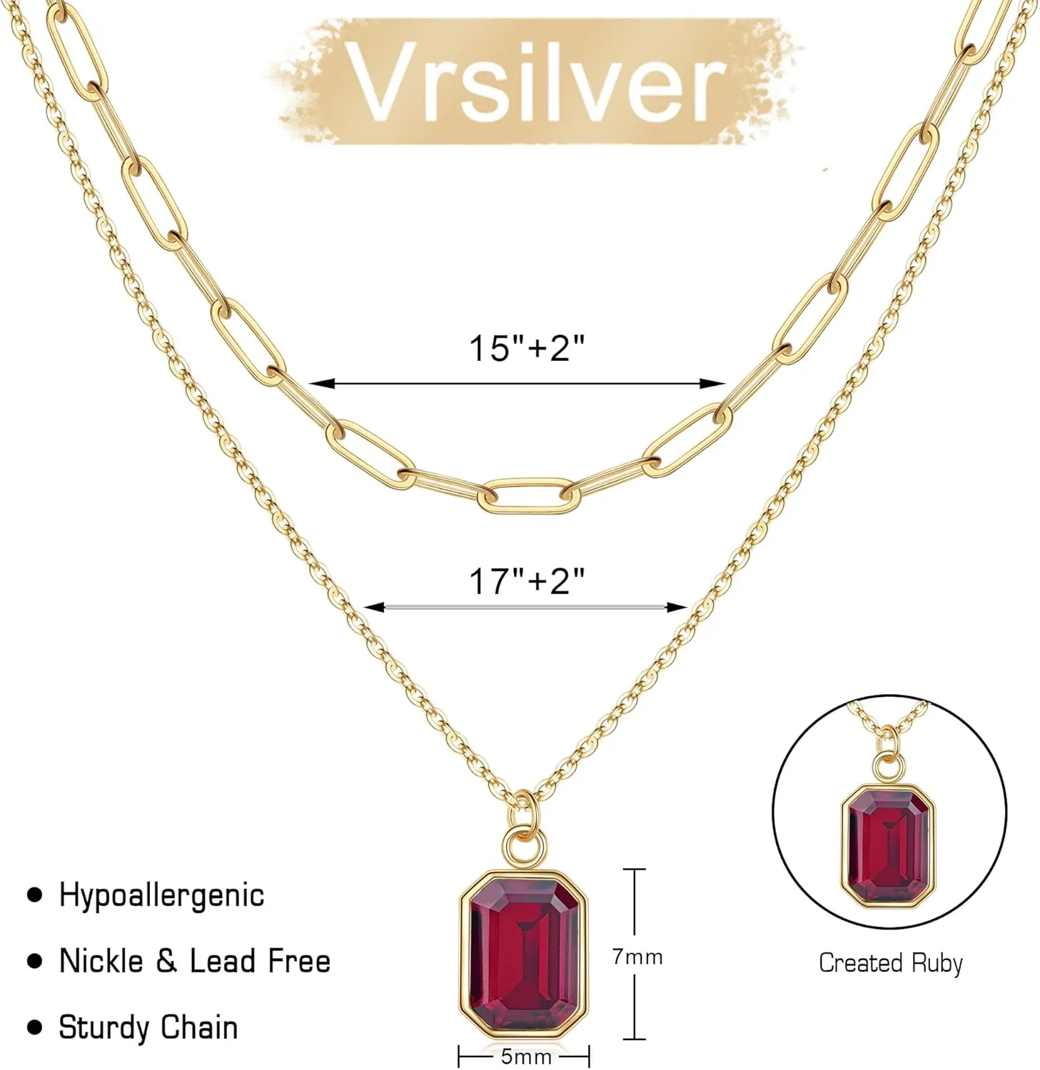 Layered Birthstone Necklace for Women Girls, Gold Silver Rose Gold Plated Layered Paperclip Chain Choker Necklace with Rectangle Birthstone Pendant Birthday Gifts for Women Girls Jewelry