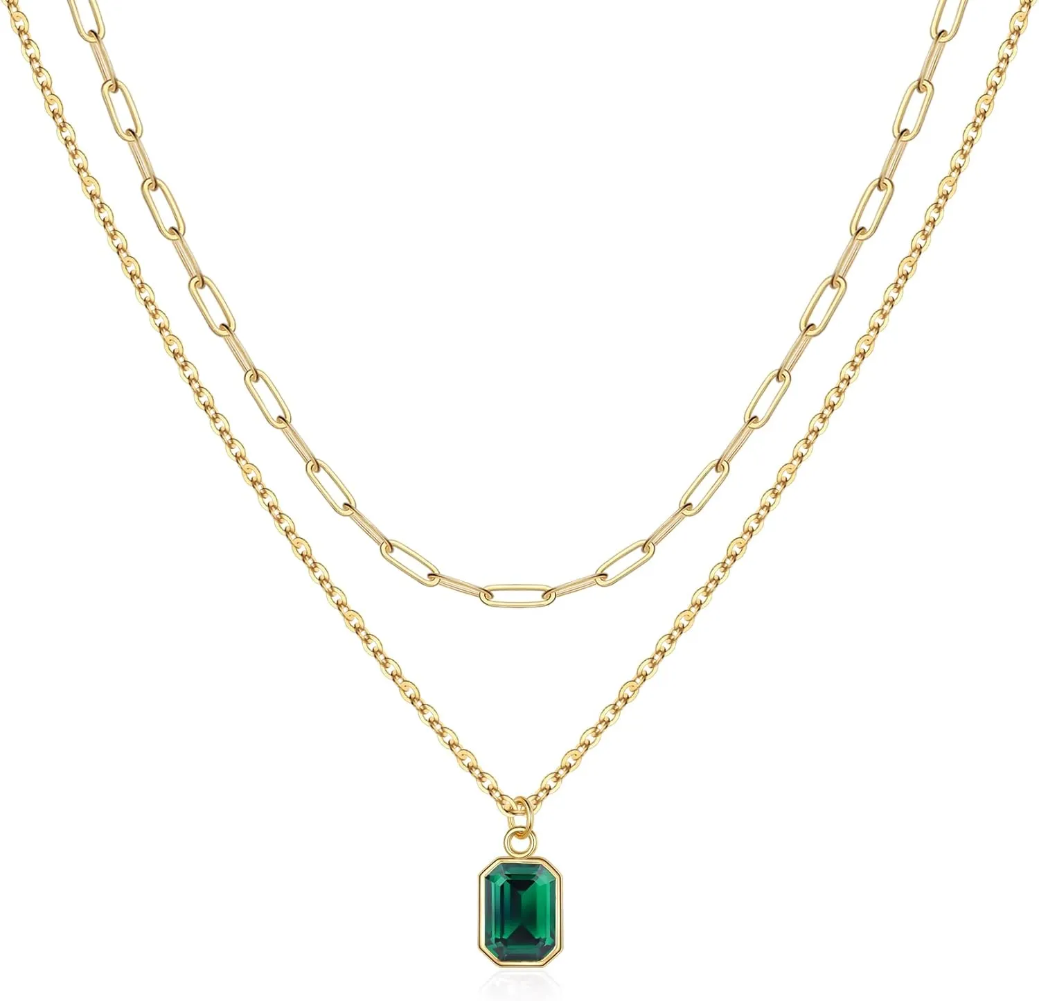 Layered Birthstone Necklace for Women Girls, Gold Silver Rose Gold Plated Layered Paperclip Chain Choker Necklace with Rectangle Birthstone Pendant Birthday Gifts for Women Girls Jewelry