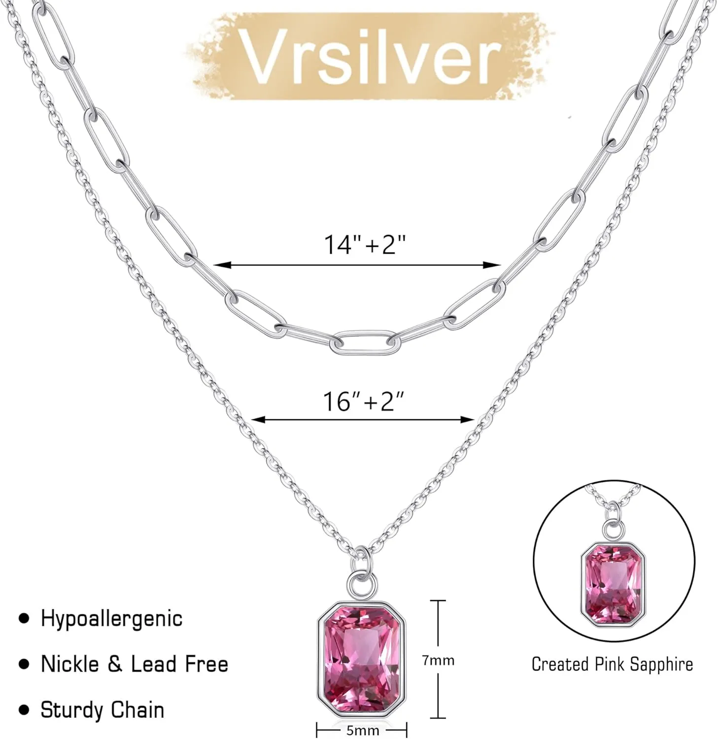 Layered Birthstone Necklace for Women Girls, Gold Silver Rose Gold Plated Layered Paperclip Chain Choker Necklace with Rectangle Birthstone Pendant Birthday Gifts for Women Girls Jewelry