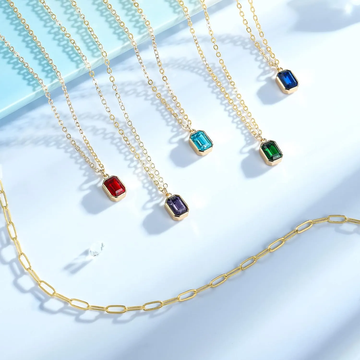Layered Birthstone Necklace for Women Girls, Gold Silver Rose Gold Plated Layered Paperclip Chain Choker Necklace with Rectangle Birthstone Pendant Birthday Gifts for Women Girls Jewelry