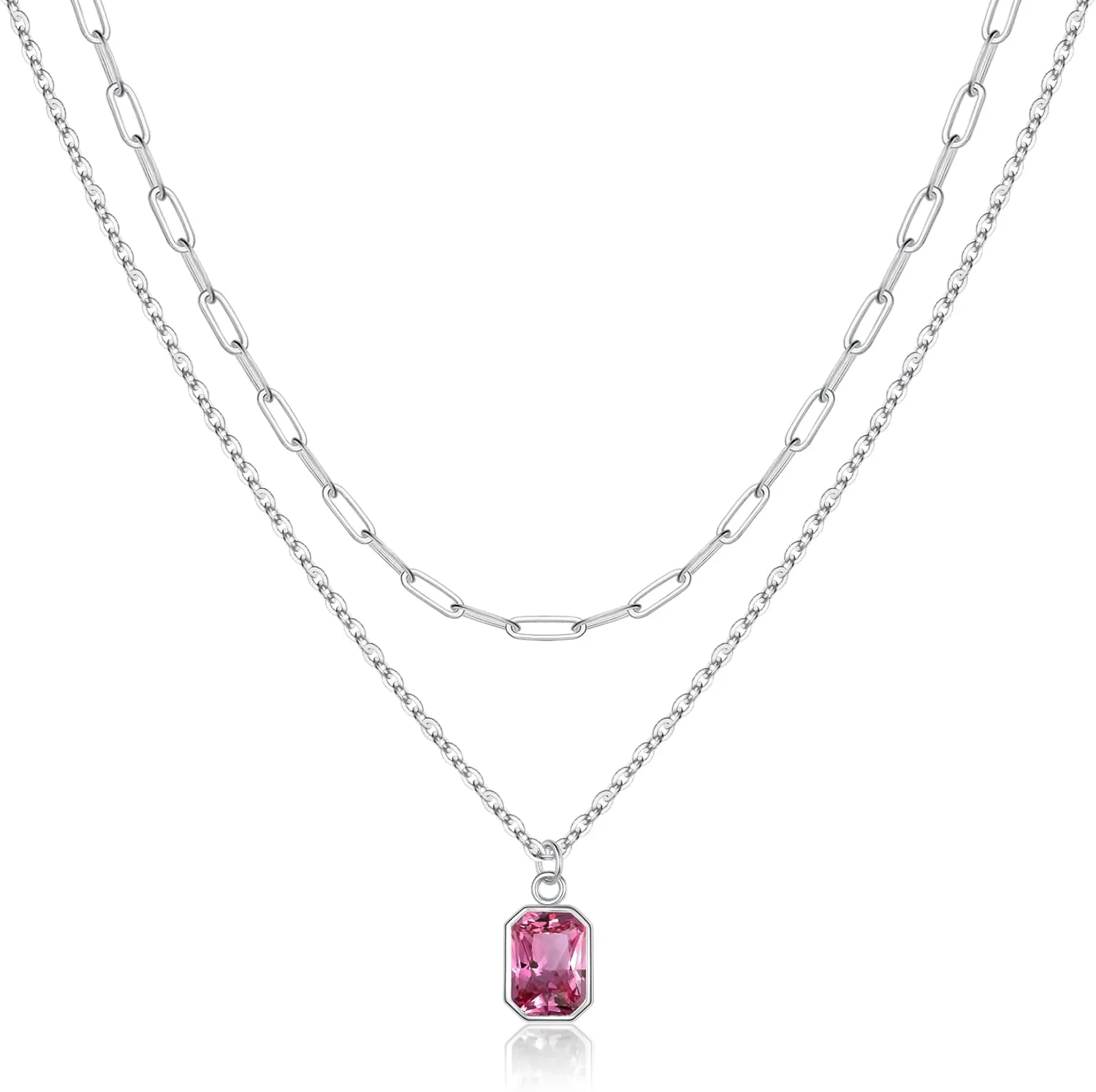 Layered Birthstone Necklace for Women Girls, Gold Silver Rose Gold Plated Layered Paperclip Chain Choker Necklace with Rectangle Birthstone Pendant Birthday Gifts for Women Girls Jewelry