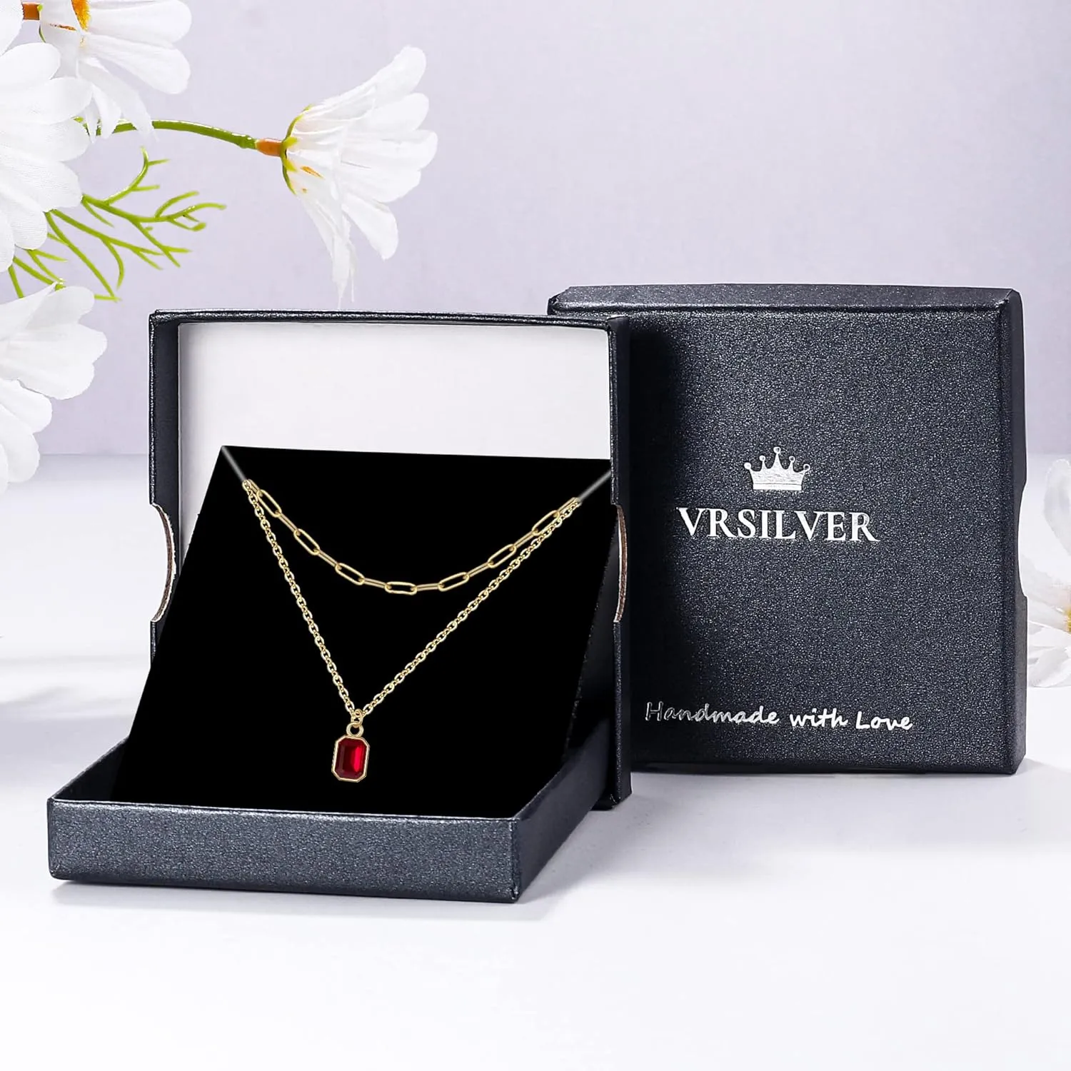 Layered Birthstone Necklace for Women Girls, Gold Silver Rose Gold Plated Layered Paperclip Chain Choker Necklace with Rectangle Birthstone Pendant Birthday Gifts for Women Girls Jewelry