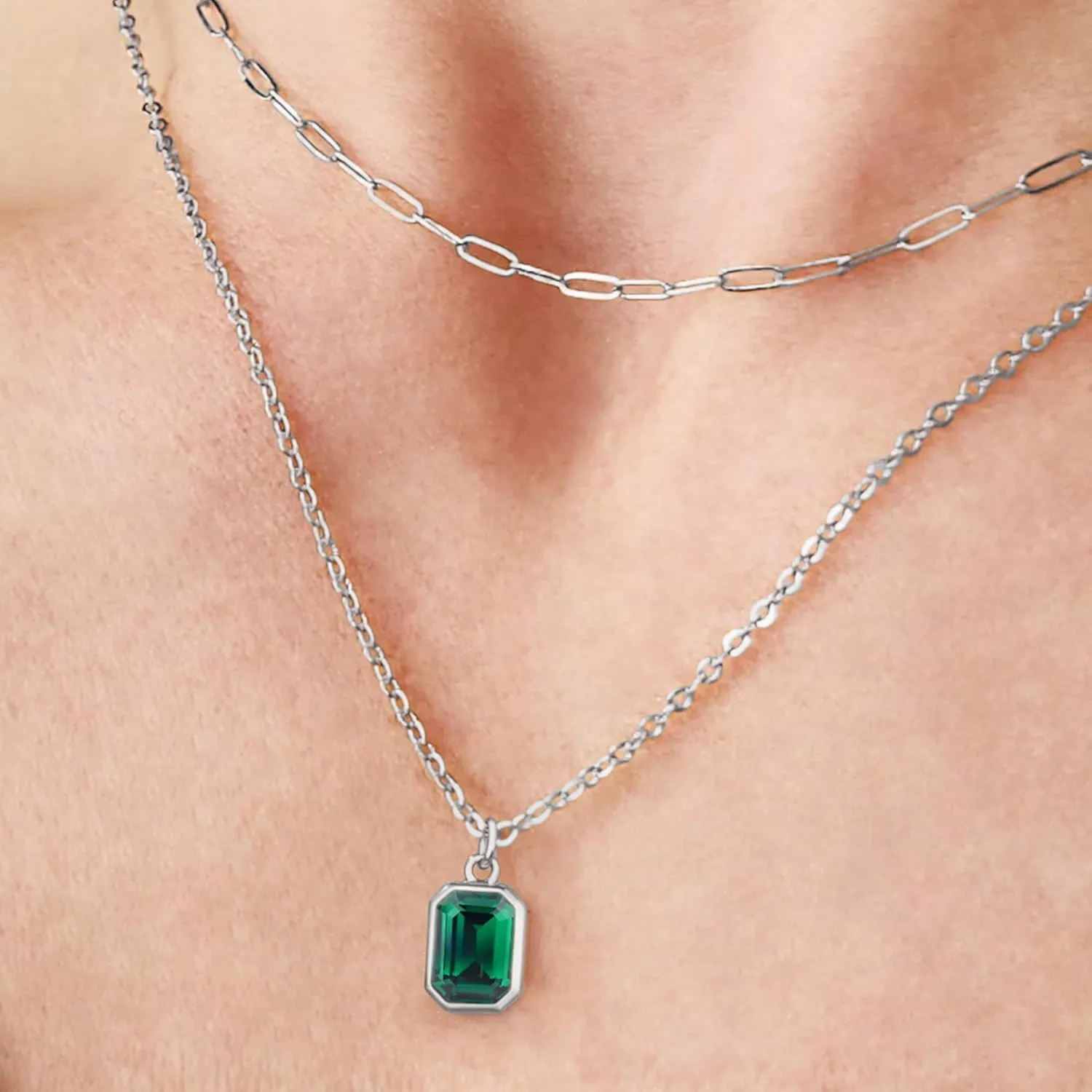 Layered Birthstone Necklace for Women Girls, Gold Silver Rose Gold Plated Layered Paperclip Chain Choker Necklace with Rectangle Birthstone Pendant Birthday Gifts for Women Girls Jewelry