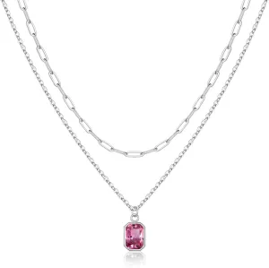 Layered Birthstone Necklace for Women Girls, Gold Silver Rose Gold Plated Layered Paperclip Chain Choker Necklace with Rectangle Birthstone Pendant Birthday Gifts for Women Girls Jewelry