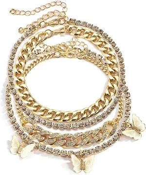 Layered Butterfly Anklet for Women Charms Butterfly Gold Silver Rhinestone Cuban Anklets Adjustable Anklet for Summer Beach