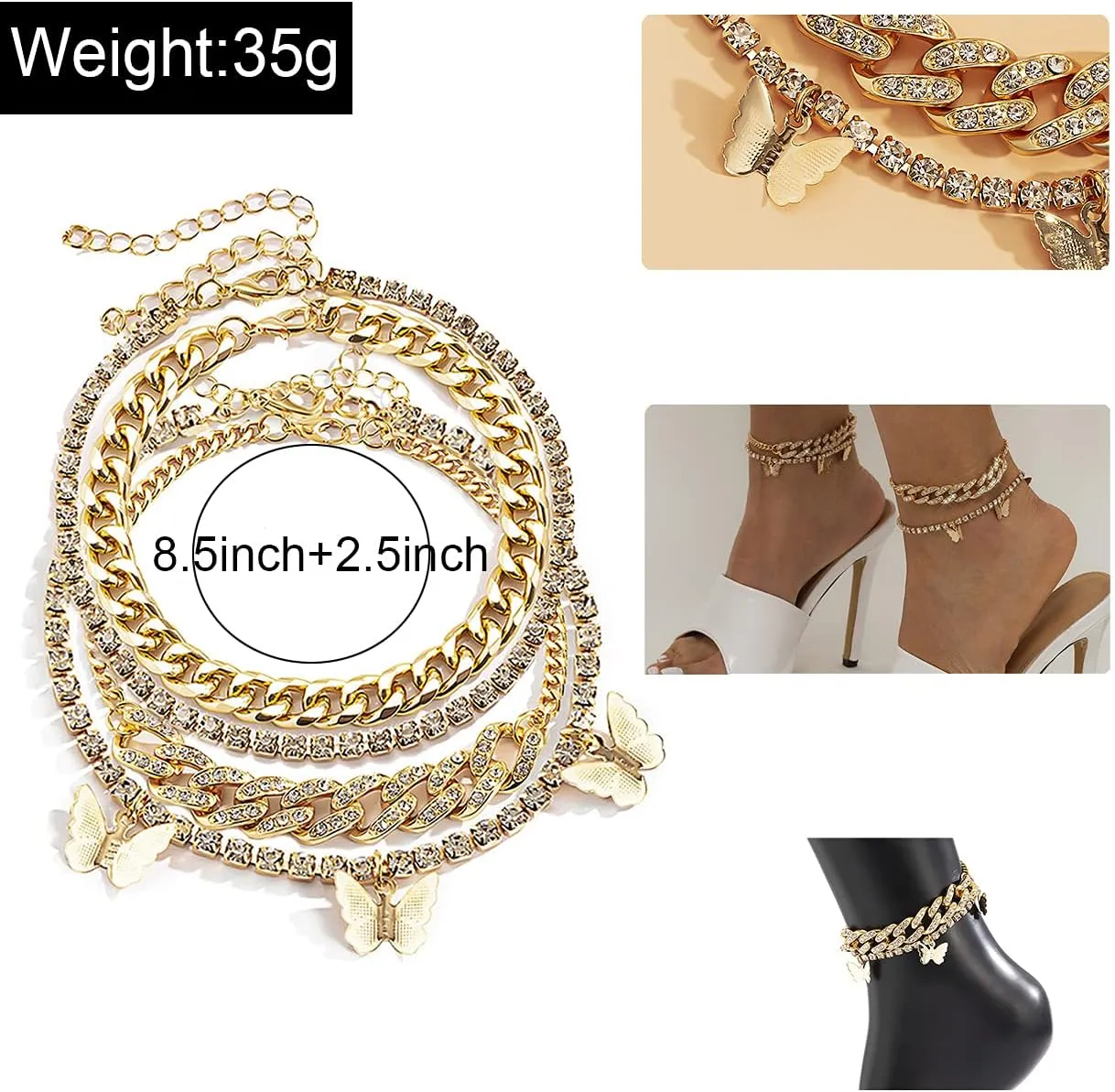 Layered Butterfly Anklet for Women Charms Butterfly Gold Silver Rhinestone Cuban Anklets Adjustable Anklet for Summer Beach