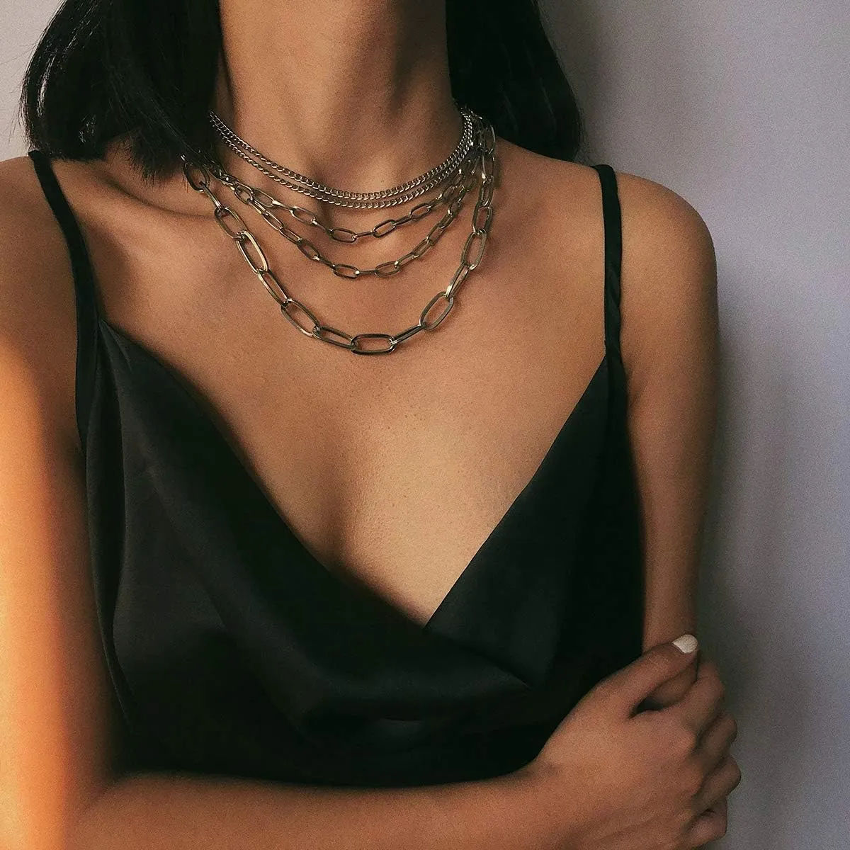 Layered Chain Necklaces for women 18 Inch Gold Plated Paperclip Chain Silver Tone Choker Necklace Rope Ball Chains Punk Jewelry