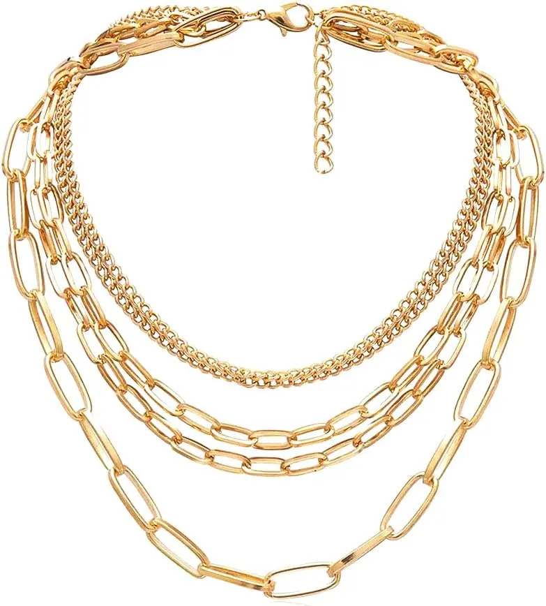 Layered Chain Necklaces for women 18 Inch Gold Plated Paperclip Chain Silver Tone Choker Necklace Rope Ball Chains Punk Jewelry