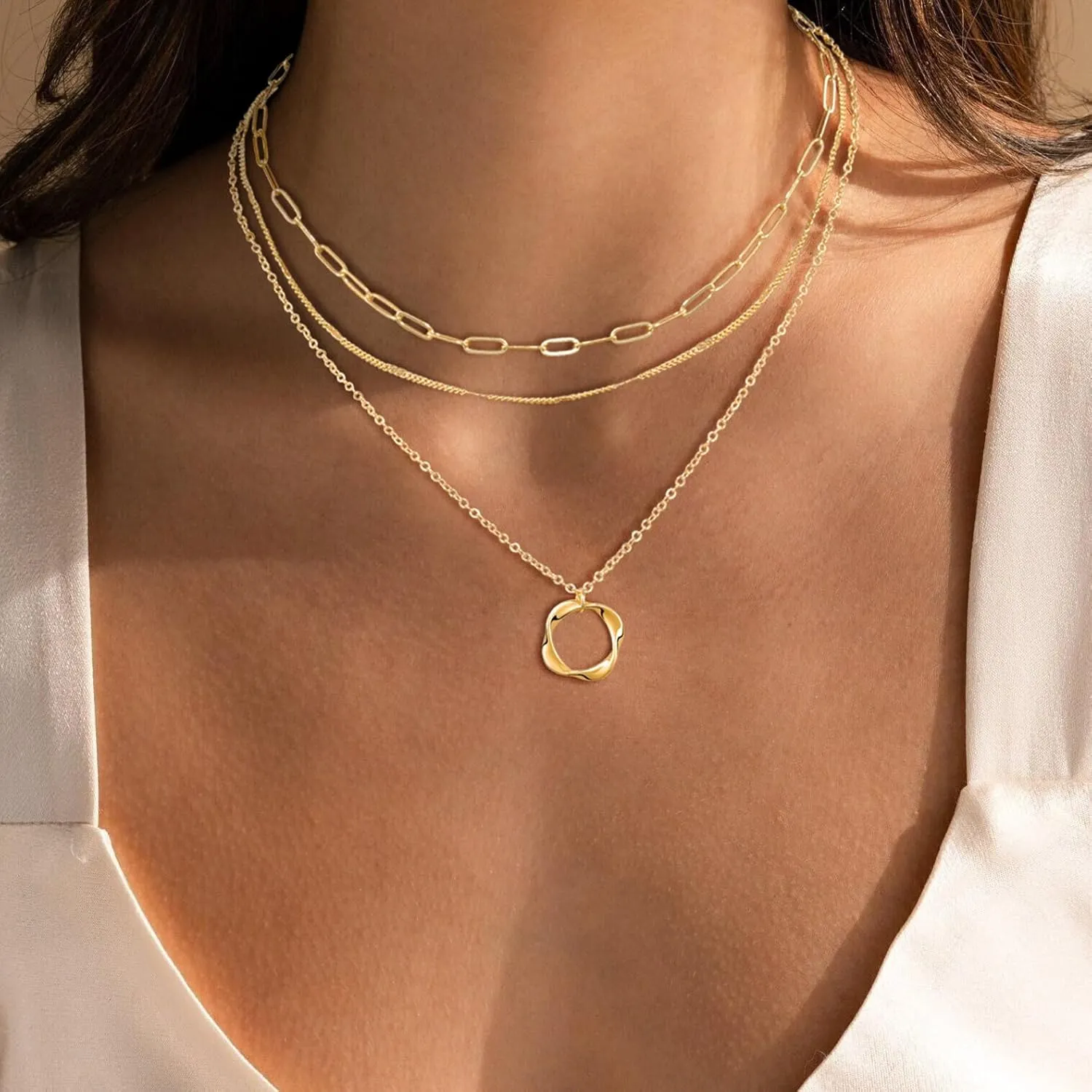 Layered Choker Necklaces, 14k Gold Plated/Sterling Silver Stackable Circle Pendant Chain Necklace Set