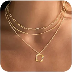 Layered Choker Necklaces, 14k Gold Plated/Sterling Silver Stackable Circle Pendant Chain Necklace Set