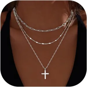 Layered Gold Necklaces for Women,Stackable Dainty 14K Gold Silver Plated Trendy Circle Paperclip Chain Pendant Choker Necklace,Simpl Diamond Cross Bow Jewelry Set Gifts for Women