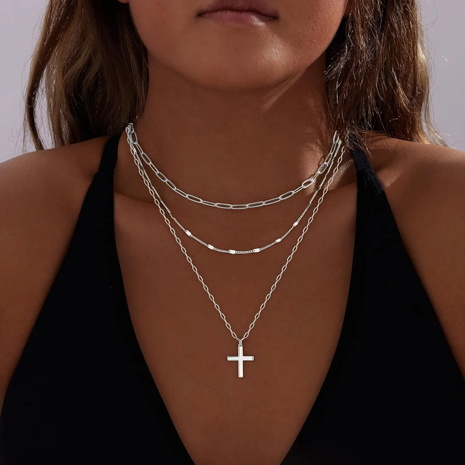 Layered Gold Necklaces for Women,Stackable Dainty 14K Gold Silver Plated Trendy Circle Paperclip Chain Pendant Choker Necklace,Simpl Diamond Cross Bow Jewelry Set Gifts for Women