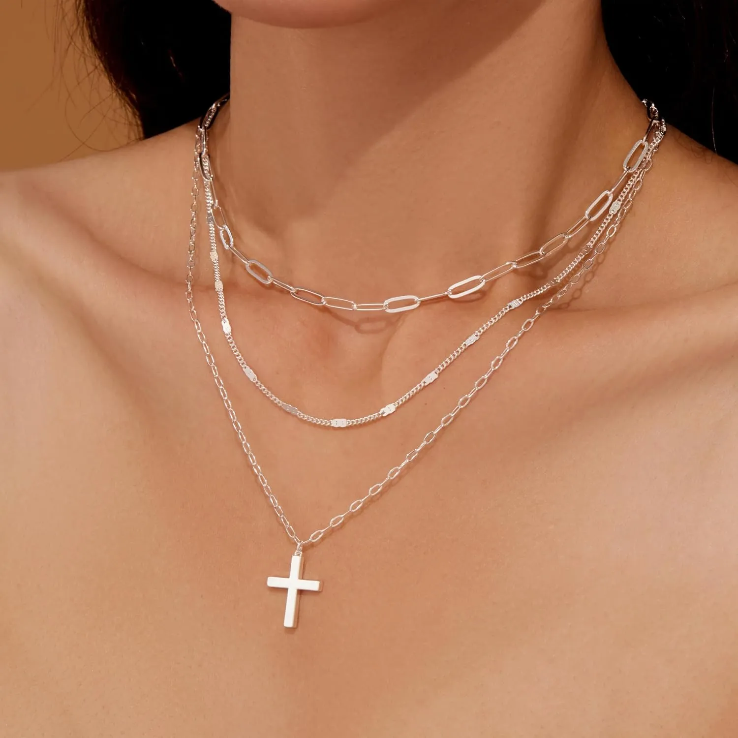Layered Gold Necklaces for Women,Stackable Dainty 14K Gold Silver Plated Trendy Circle Paperclip Chain Pendant Choker Necklace,Simpl Diamond Cross Bow Jewelry Set Gifts for Women