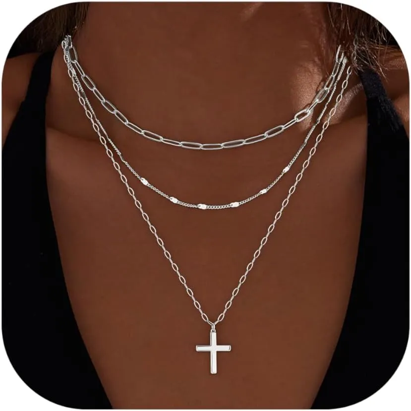 Layered Gold Necklaces for Women,Stackable Dainty 14K Gold Silver Plated Trendy Circle Paperclip Chain Pendant Choker Necklace,Simpl Diamond Cross Bow Jewelry Set Gifts for Women