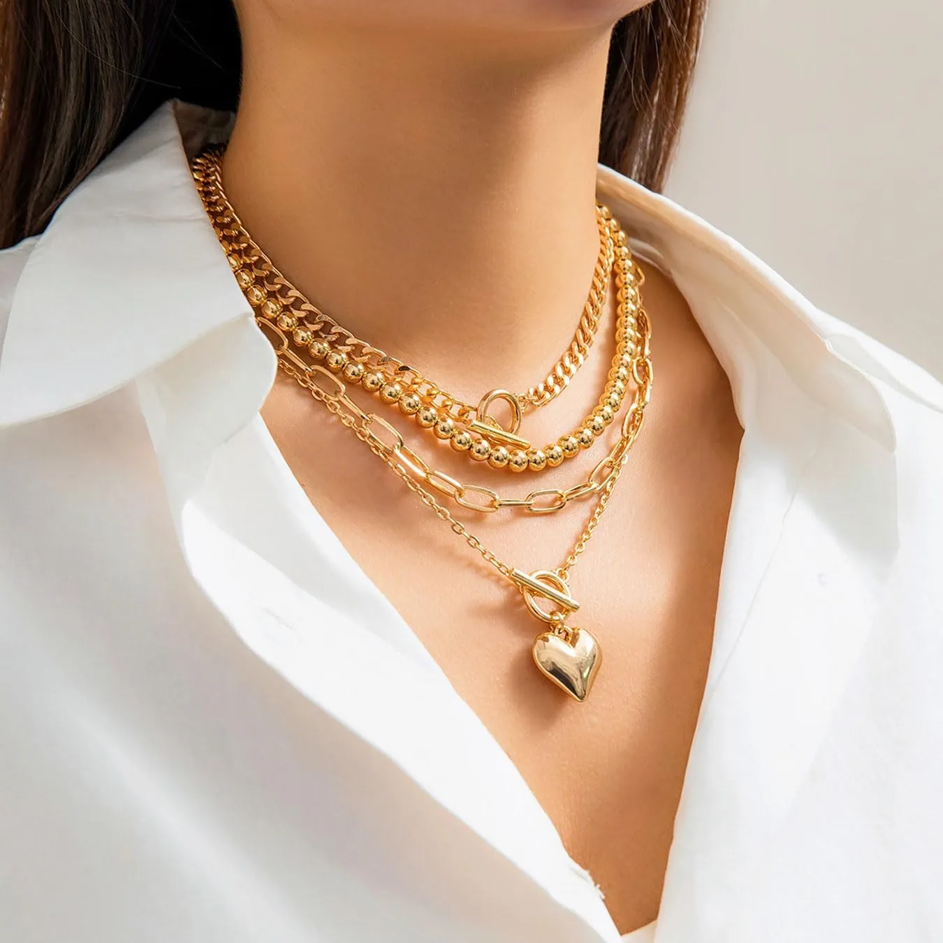 Layered Gold Necklaces Stack for Women Chunky Gold Necklace Herringbone Paperclip Chain Necklace Retro Coin Medallion Pendant Dainty Cuban Chain Toggle Clasp Jewelry