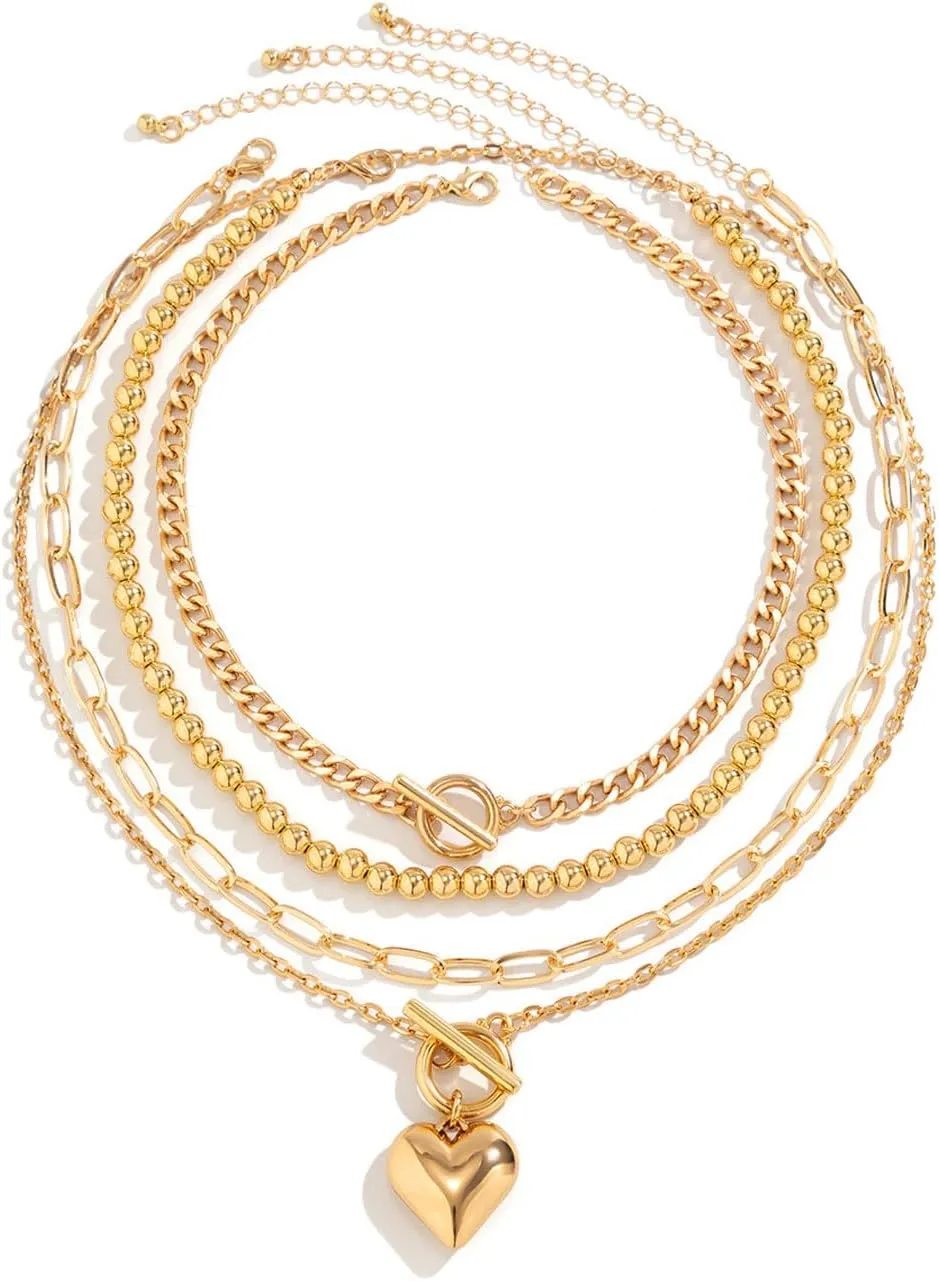Layered Gold Necklaces Stack for Women Chunky Gold Necklace Herringbone Paperclip Chain Necklace Retro Coin Medallion Pendant Dainty Cuban Chain Toggle Clasp Jewelry