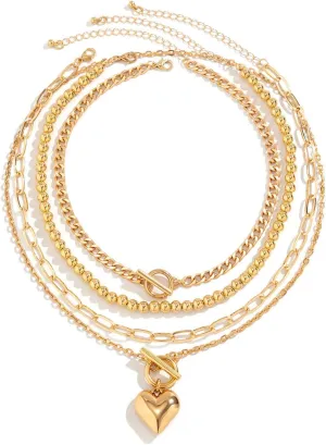 Layered Gold Necklaces Stack for Women Chunky Gold Necklace Herringbone Paperclip Chain Necklace Retro Coin Medallion Pendant Dainty Cuban Chain Toggle Clasp Jewelry