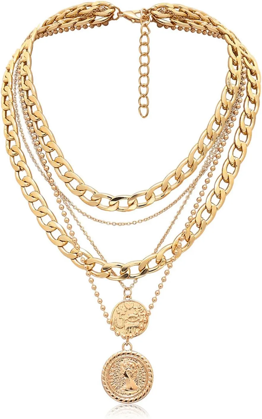 Layered Gold Pirate Necklace for Women Retro Coin Pendant Necklaces Chunky Chain Necklace Pirate Jewelry Accessories
