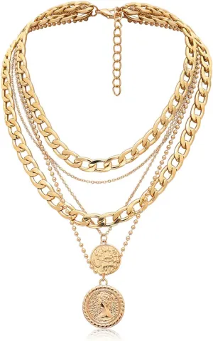 Layered Gold Pirate Necklace for Women Retro Coin Pendant Necklaces Chunky Chain Necklace Pirate Jewelry Accessories