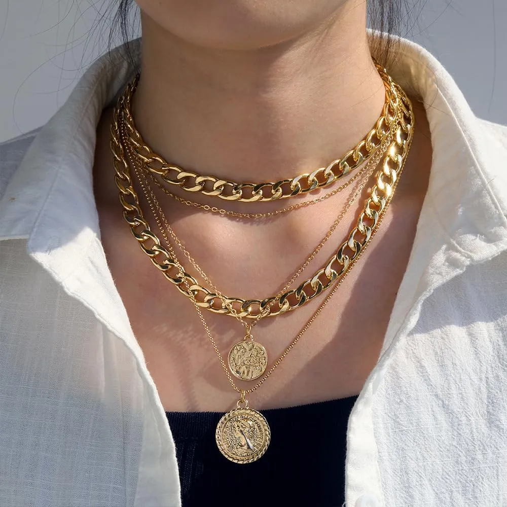 Layered Gold Pirate Necklace for Women Retro Coin Pendant Necklaces Chunky Chain Necklace Pirate Jewelry Accessories